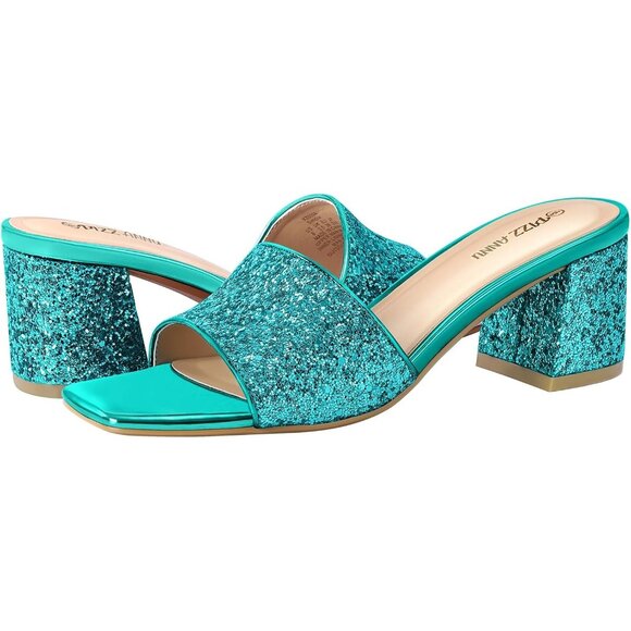 Women 🆕Women Blue Sequin Square Open Toe Heels Sandals Low Block Chunky Heeled Sandal
